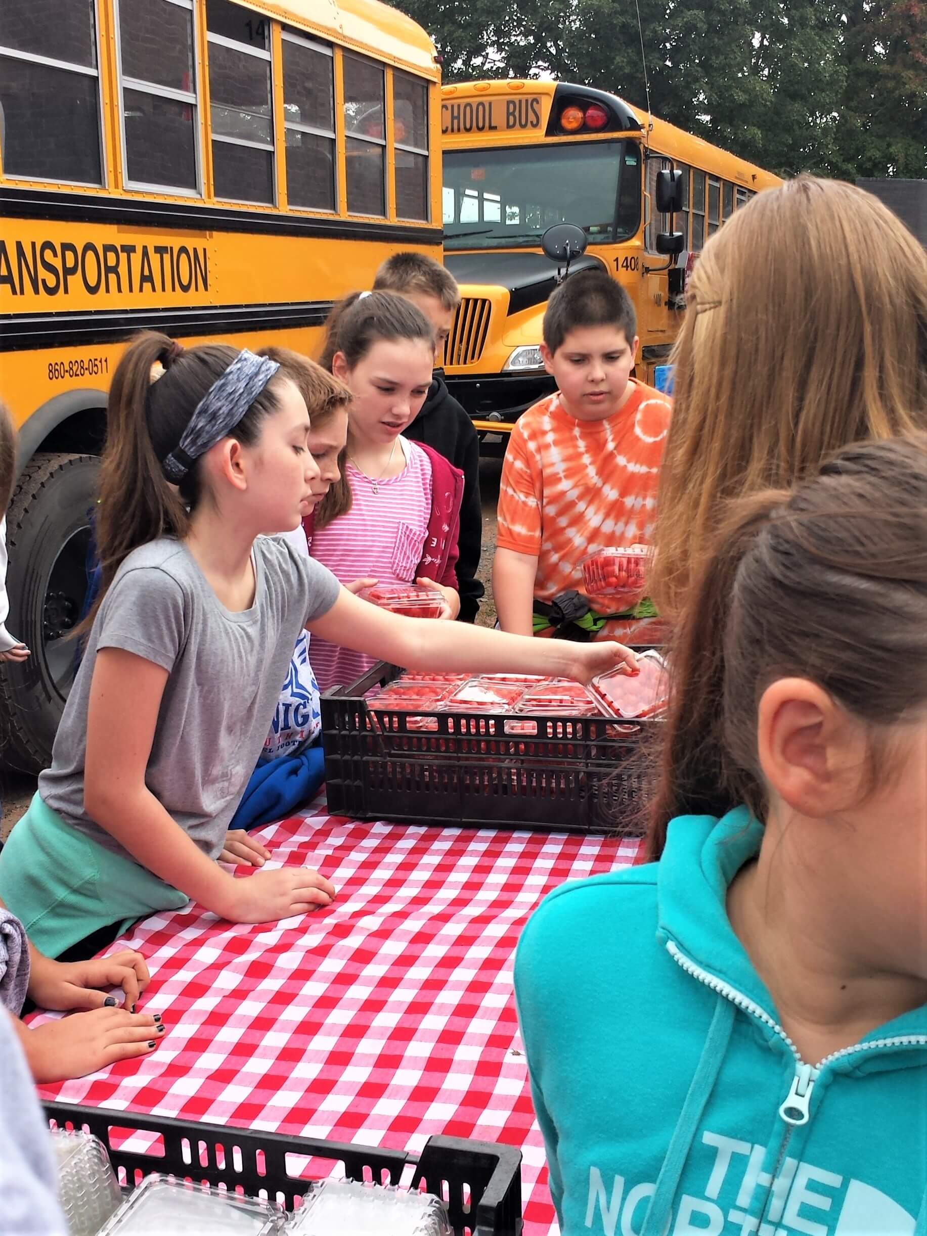 Students at farmers market with strawberries by school bus
