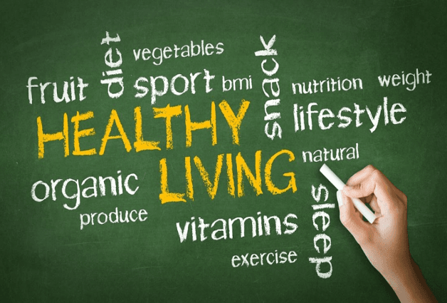 Healthy Living word cloud on chalkboard