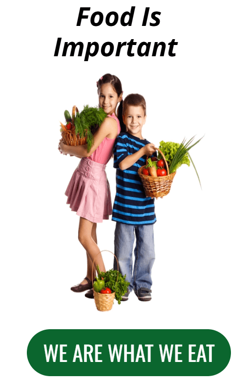 Food Is Important - Two children holding baskets of fresh vegetables with text 'We Are What We Eat' - Click to visit LEAF CT